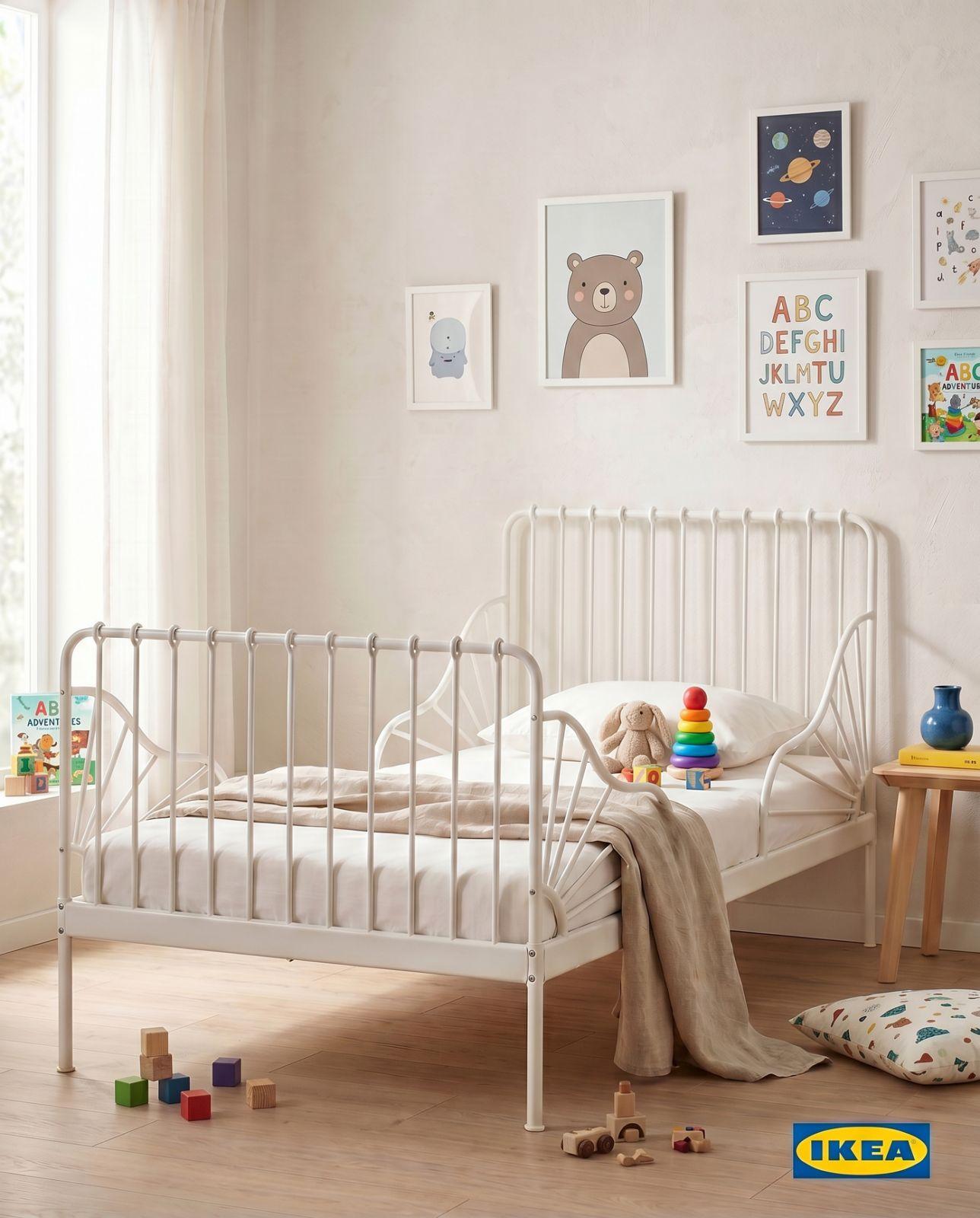 Brandminds editorial shot — IKEA children's bed staged in a warm, sunlit bedroom
